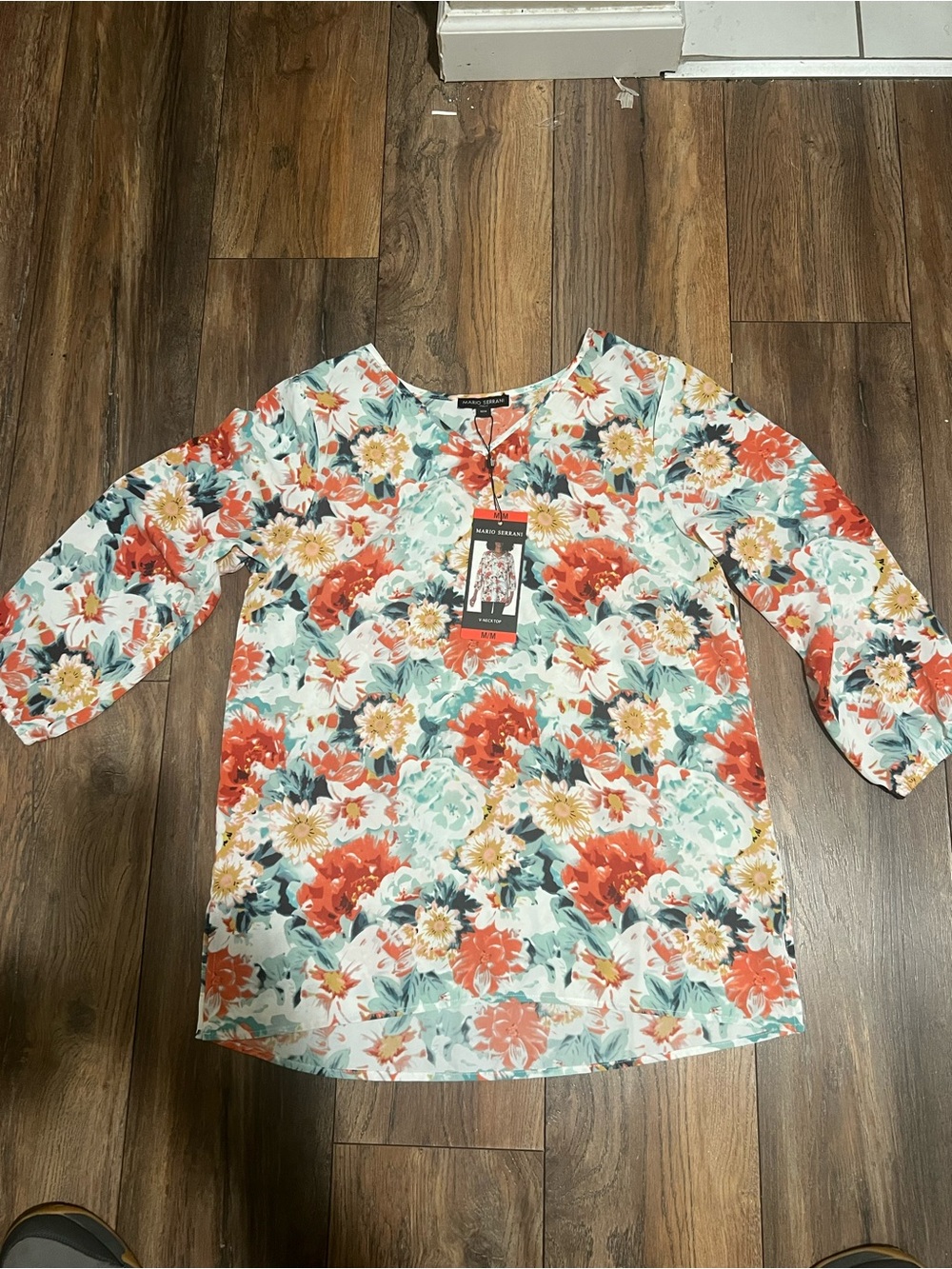 Mario Serrani Floral V-Neck Blouse in Coral & Aqua